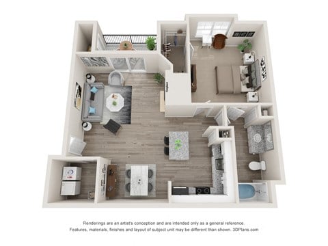 Floor plan for 1 bed, 1 bath, 848 sqft